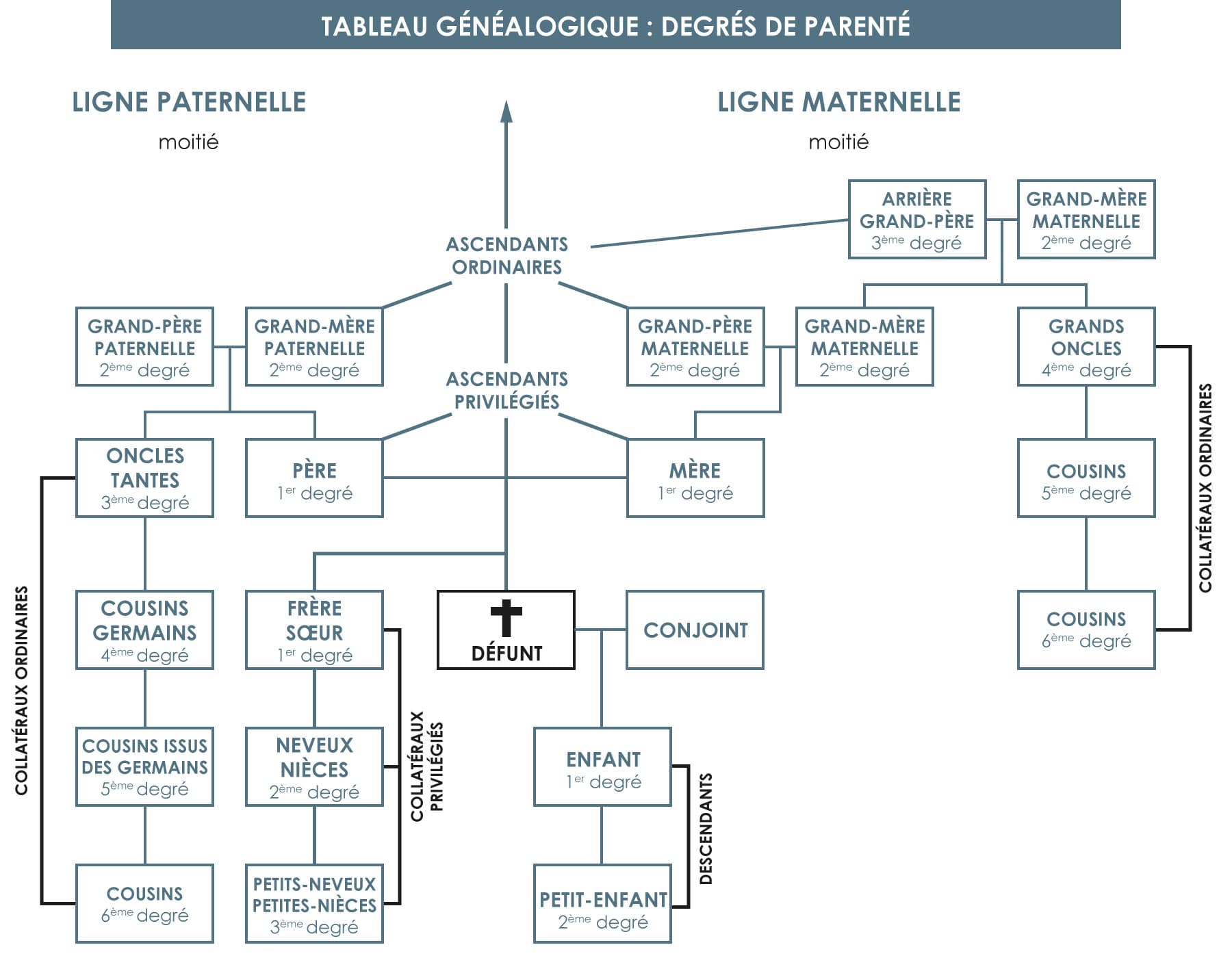 Tableau généalogique : degrés de parenté
